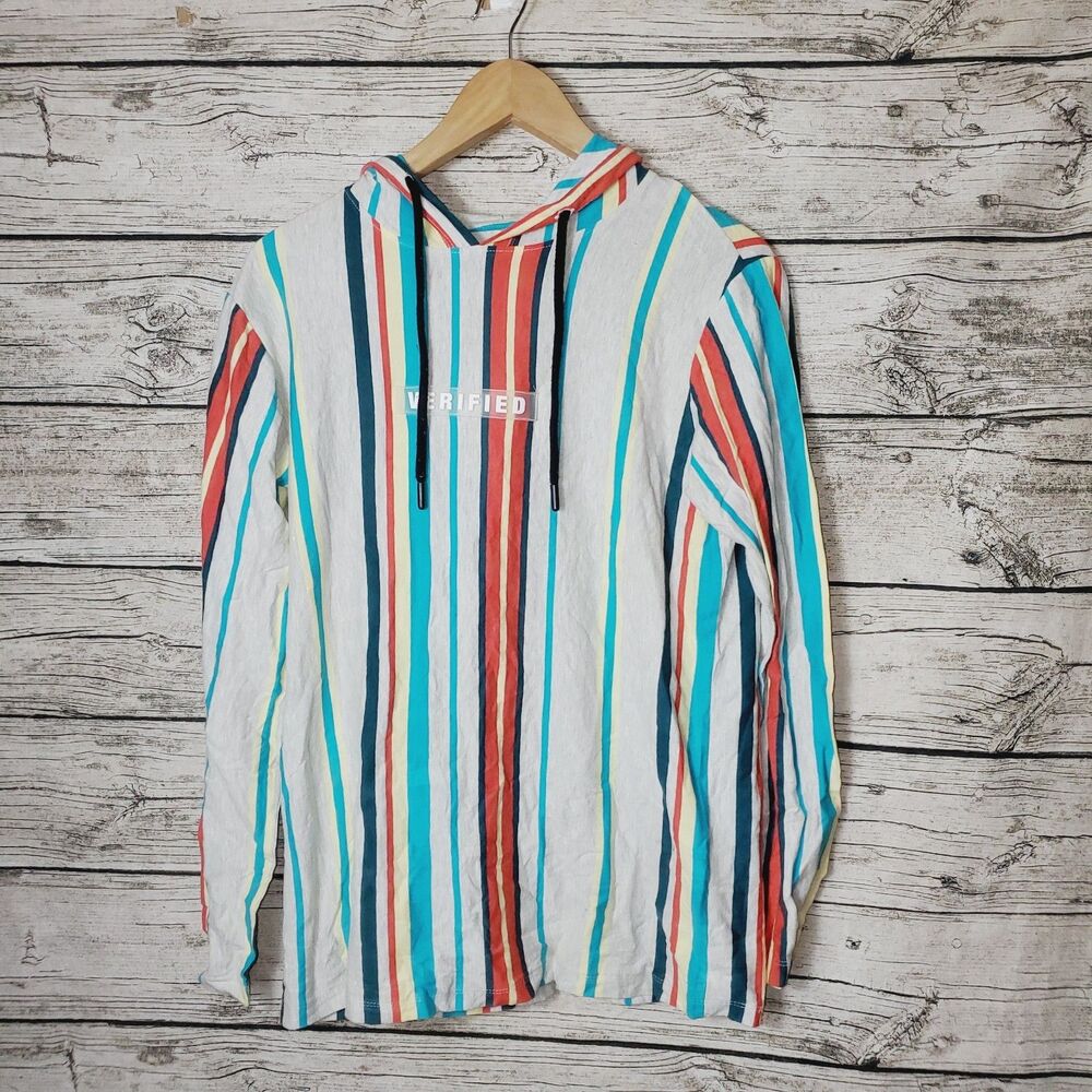 VOX POPULI~STRIPED MULTI COLOR~ LONG SLEEVE~HOODED RETRO MENS T SHIRT~SZ MED